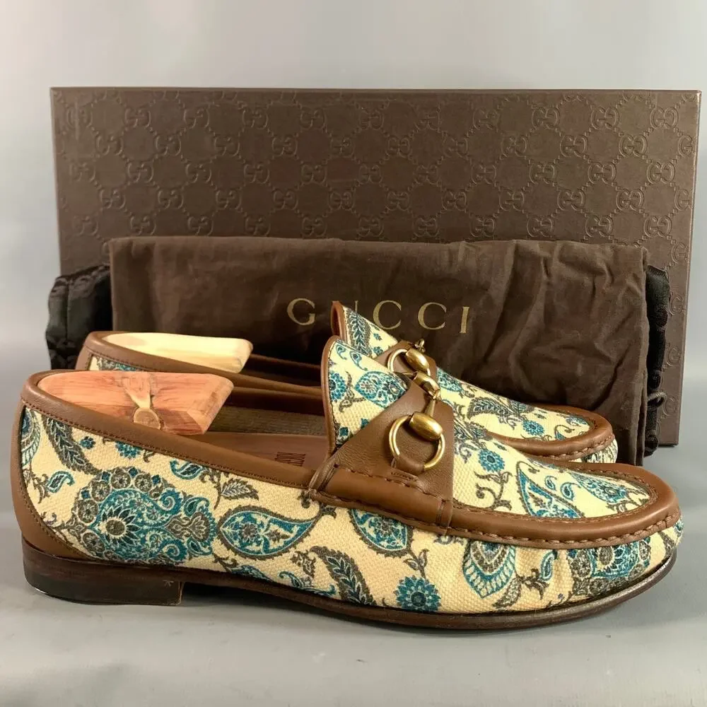 GUCCI Size 6.5 Cream Brown & Teal Paisley Mixed Fabrics Horsebit Loafers
